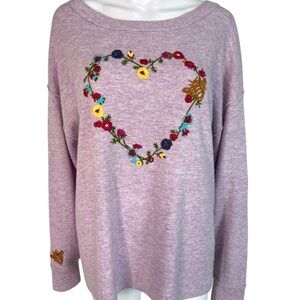 Sundance Lavender Sweater Blooming Love Floral Heart Embroidery Soft Size XL